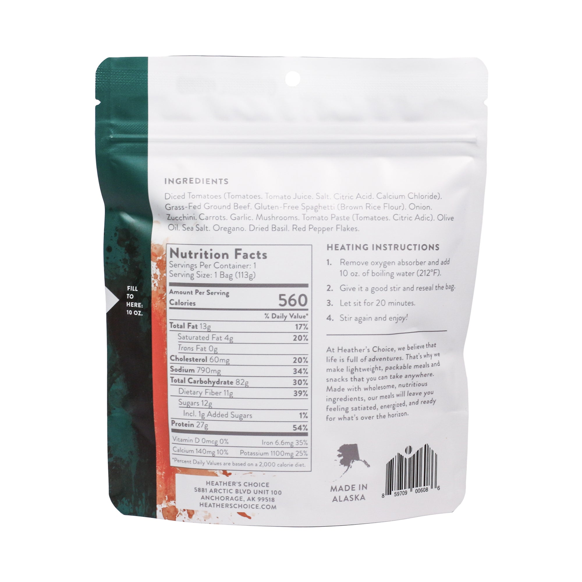 Grass-Fed Beef & Spaghetti with Marinara Sauce gluten free meal - backside of pouch