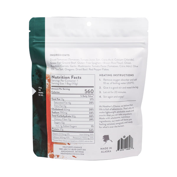 Grass-Fed Beef & Spaghetti with Marinara Sauce gluten free meal - backside of pouch