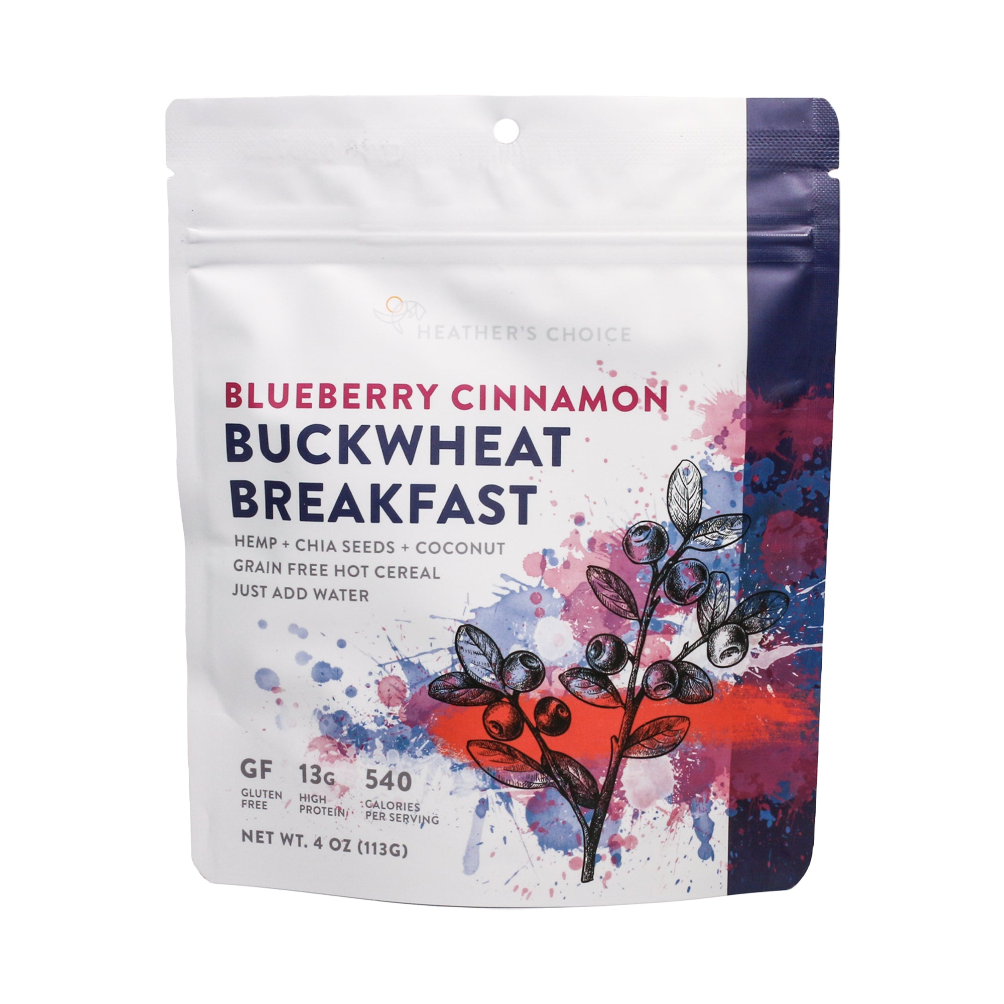 Blueberry Cinnamon Buckwheat Breakfast dehydrated meal - frontside of pouch