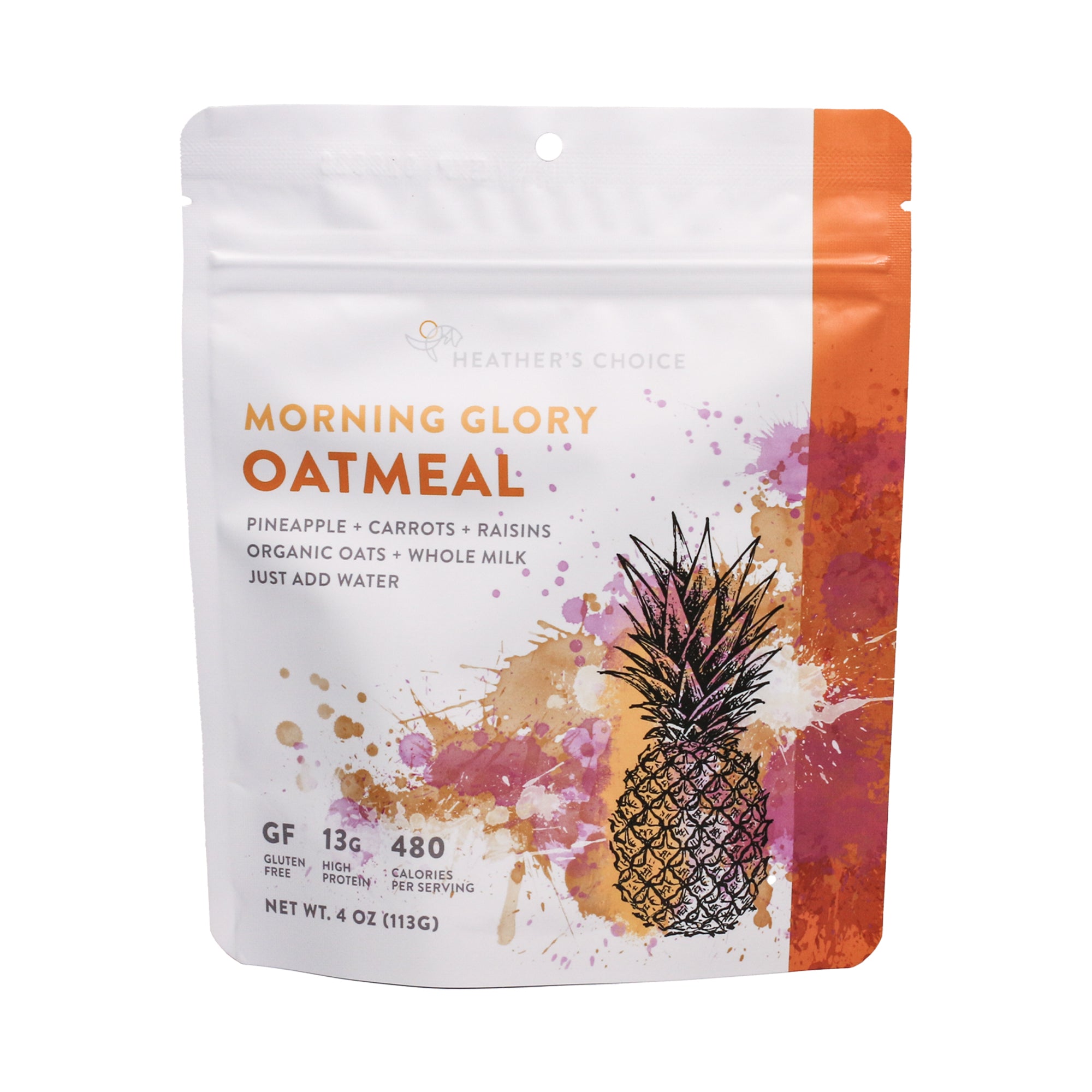 Morning Glory Oatmeal backpacking dehydrated breakfast - frontside of pouch